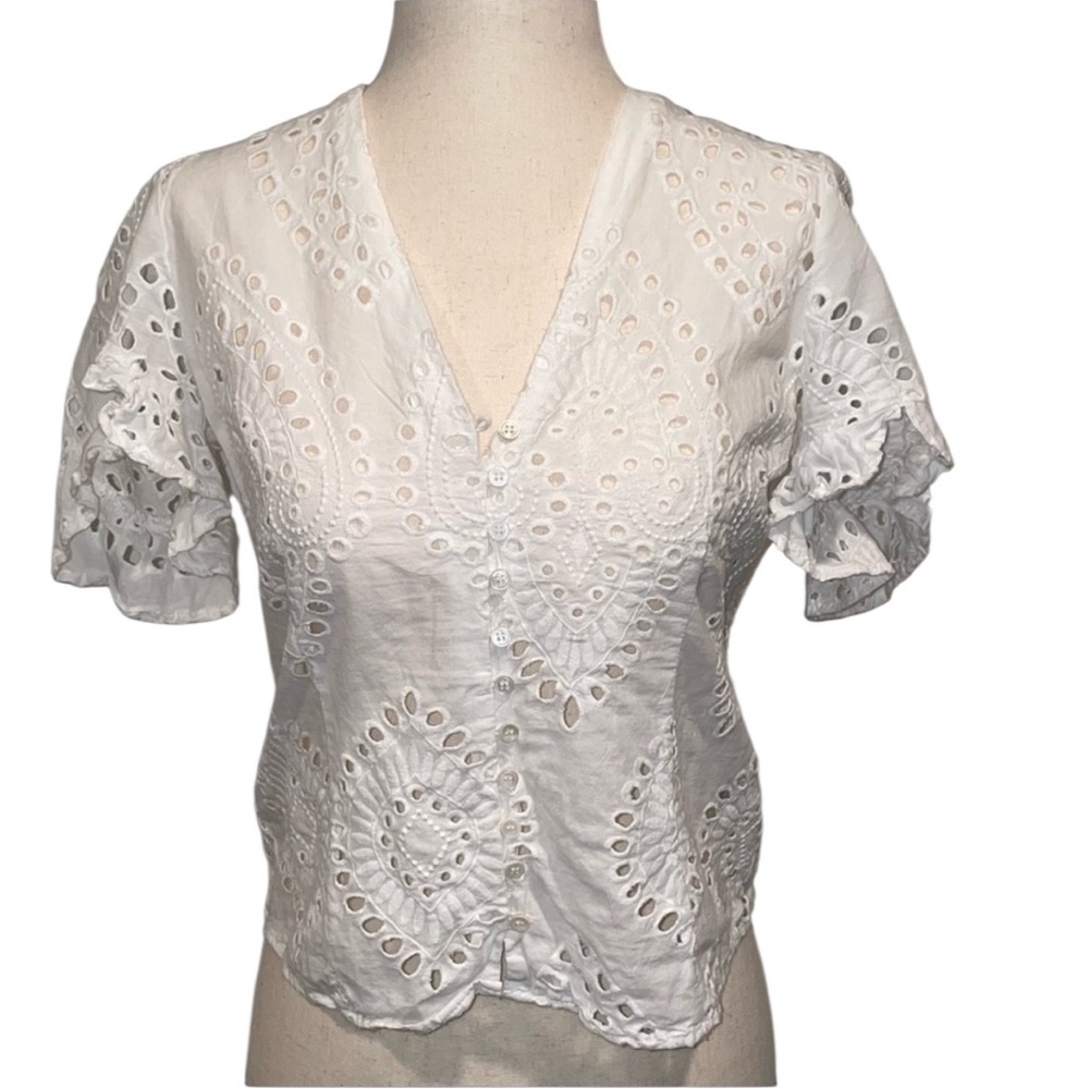 Zara White Eyelet Button-Front V-Neck Blouse